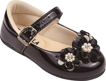 Sapatinho Infantil Preto Verniz com Flores, Pérolas e Strass