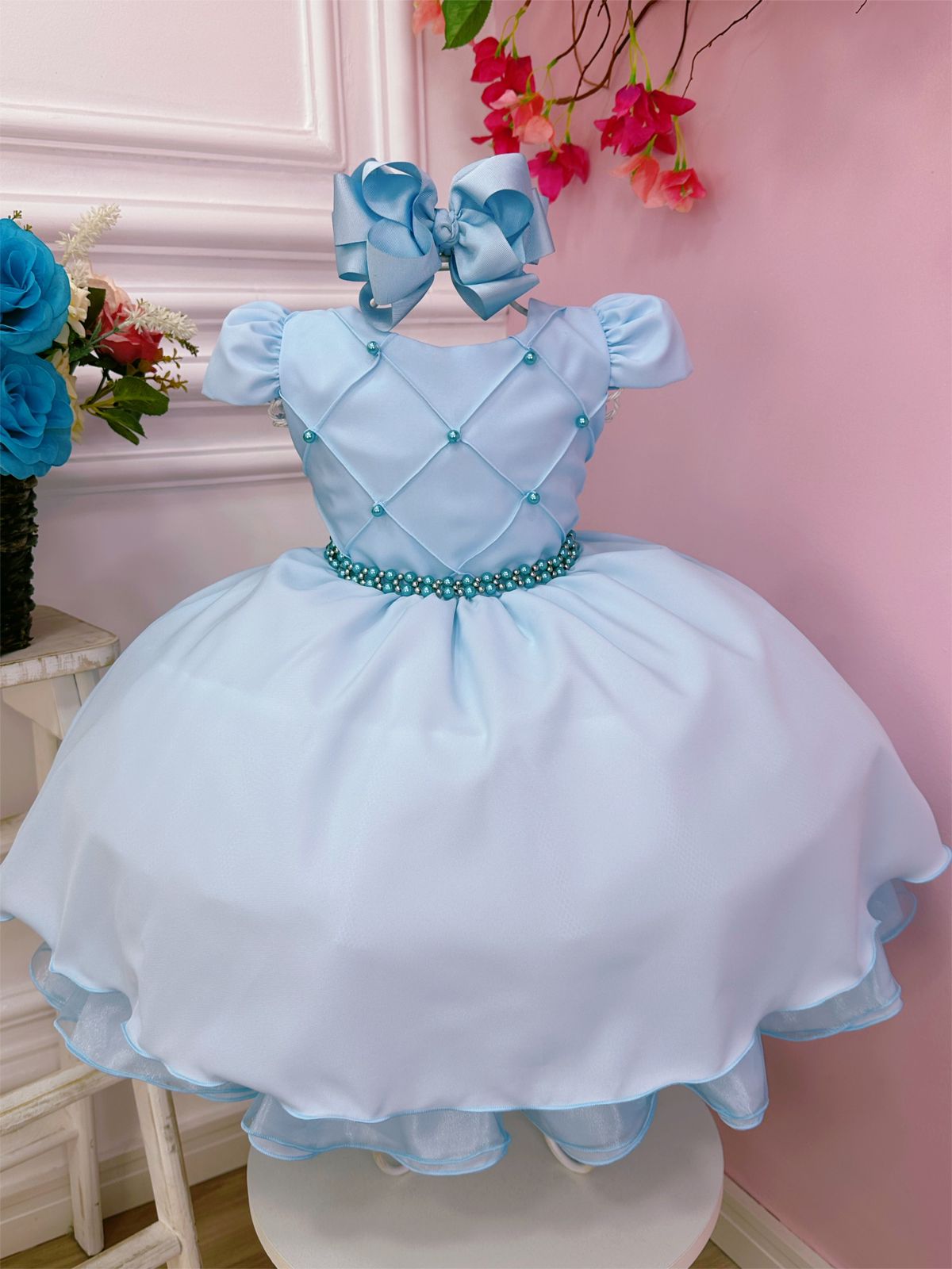 Vestido Infantil Azul Bebê com Peito Nervurado e Cinto de Pérolas