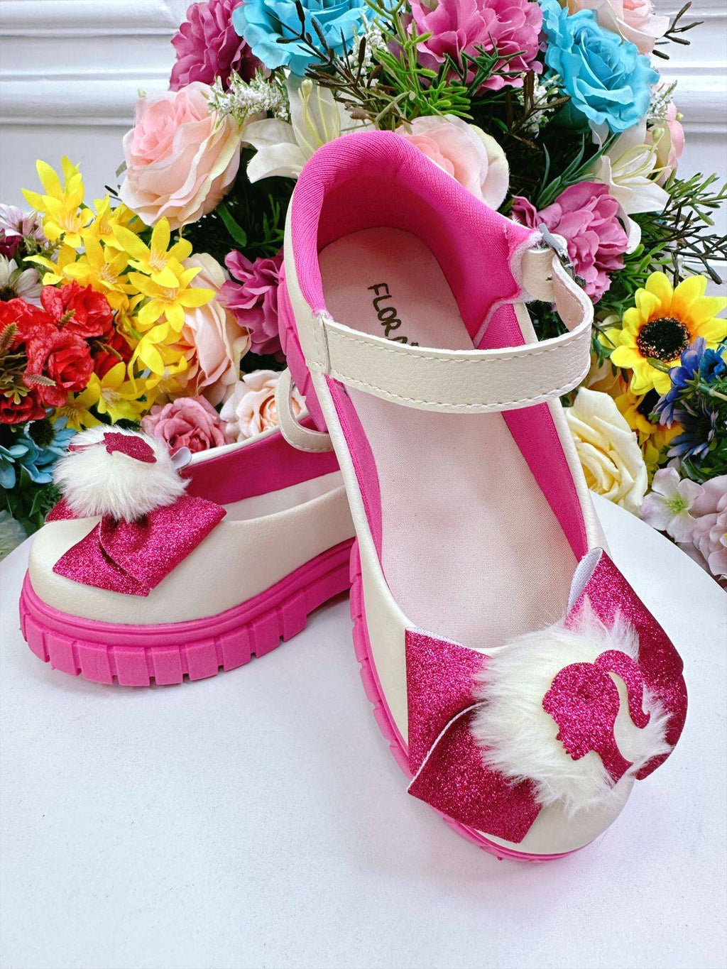 Sapatinho Off White e Rosa com Lacinho para Festas e Casuais