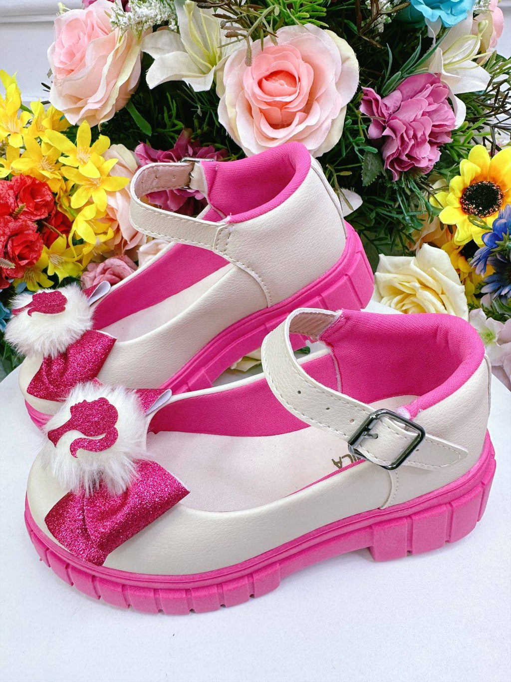 Sapatinho Off White e Rosa com Lacinho para Festas e Casuais