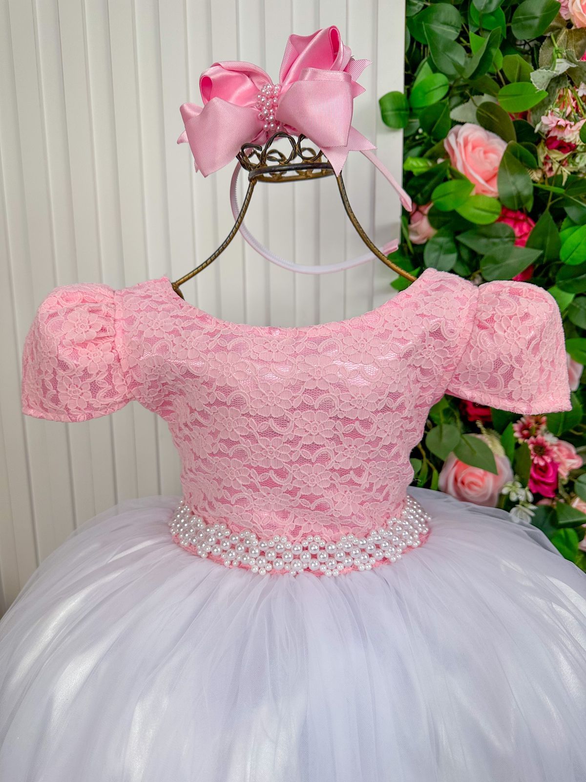 Vestido Enjoy Longo Mari Peito Rendado Rosa Bebe Saia Branca