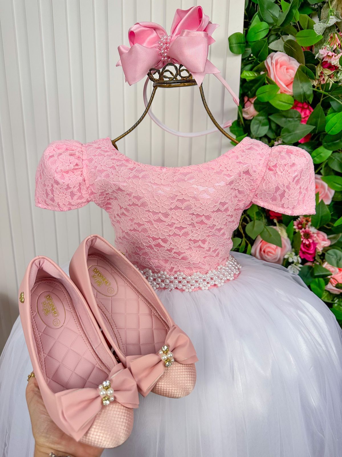 Vestido Enjoy Longo Mari Peito Rendado Rosa Bebe Saia Branca