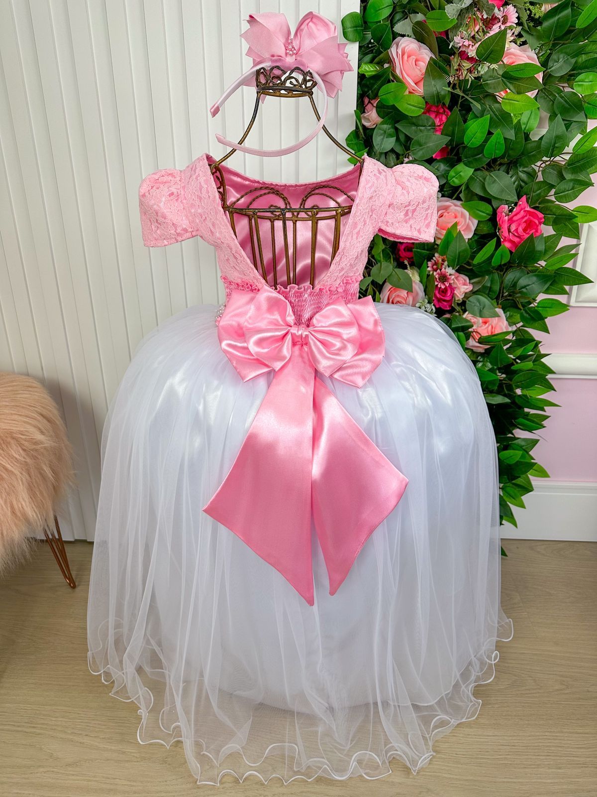Vestido Enjoy Longo Mari Peito Rendado Rosa Bebe Saia Branca