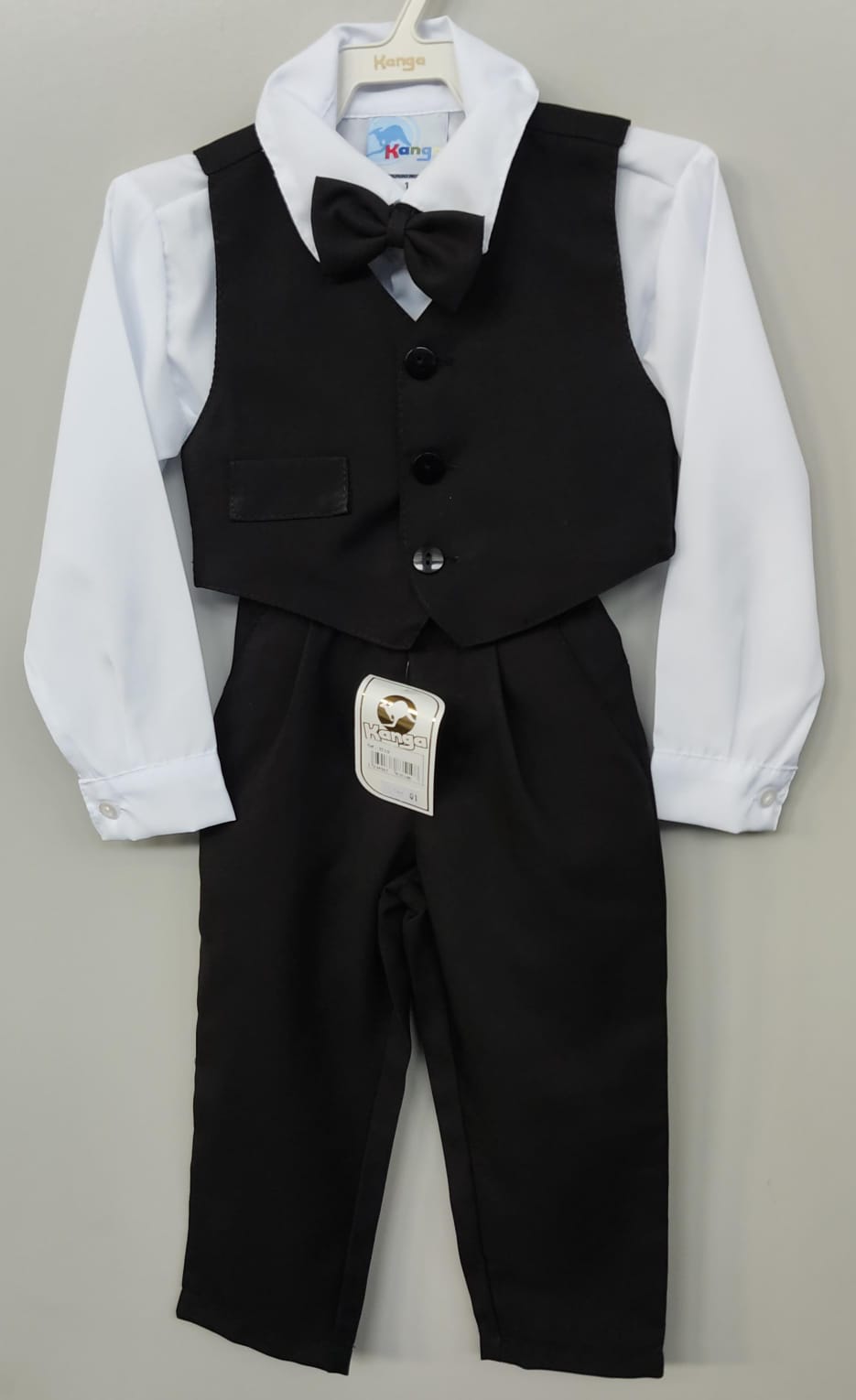 Conjunto Social Infantil Menino Camisa Branca Colete Calça e Gravata Preto em Oxford