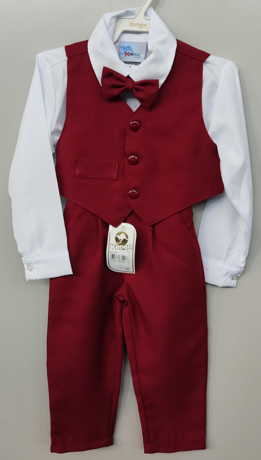 Conjunto Social Infantil Menino Camisa Oxford Branca com Colete e Calça Marsala