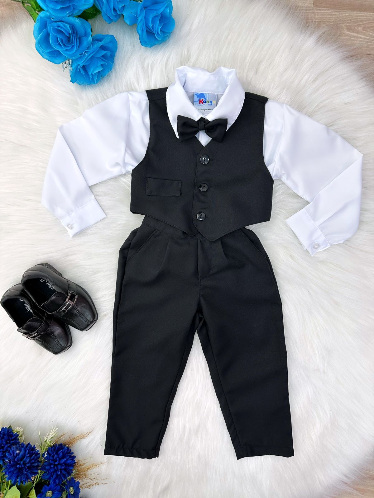 Conjunto Social Infantil Menino Camisa Branca Colete Calça e Gravata Preto em Oxford