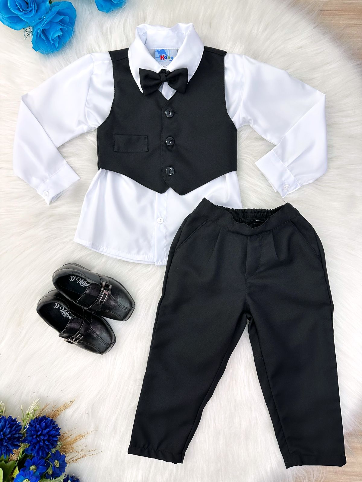 Conjunto Social Infantil Menino Camisa Branca Colete Calça e Gravata Preto em Oxford