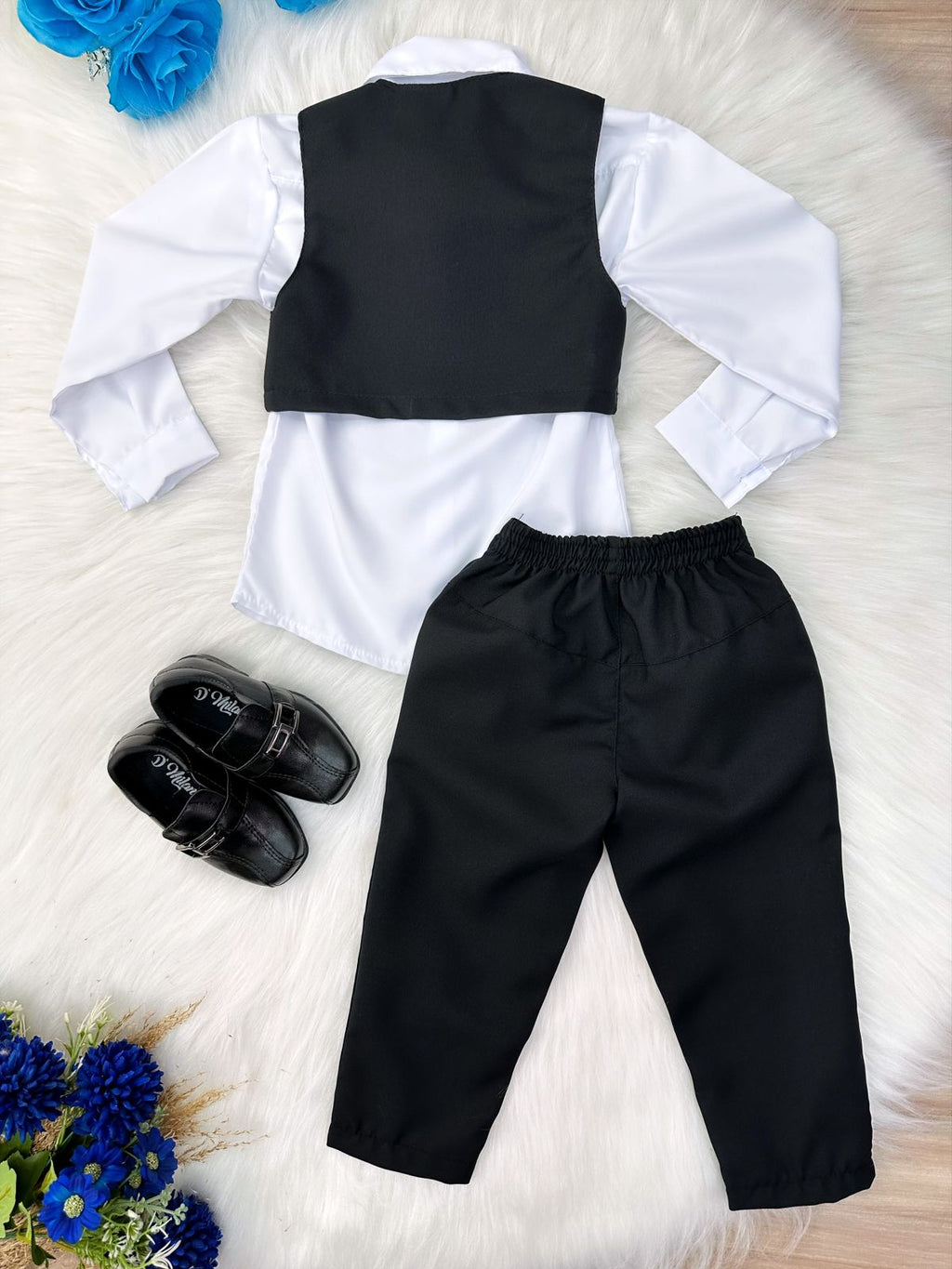 Conjunto Social Infantil Menino Camisa Branca Colete Calça e Gravata Preto em Oxford