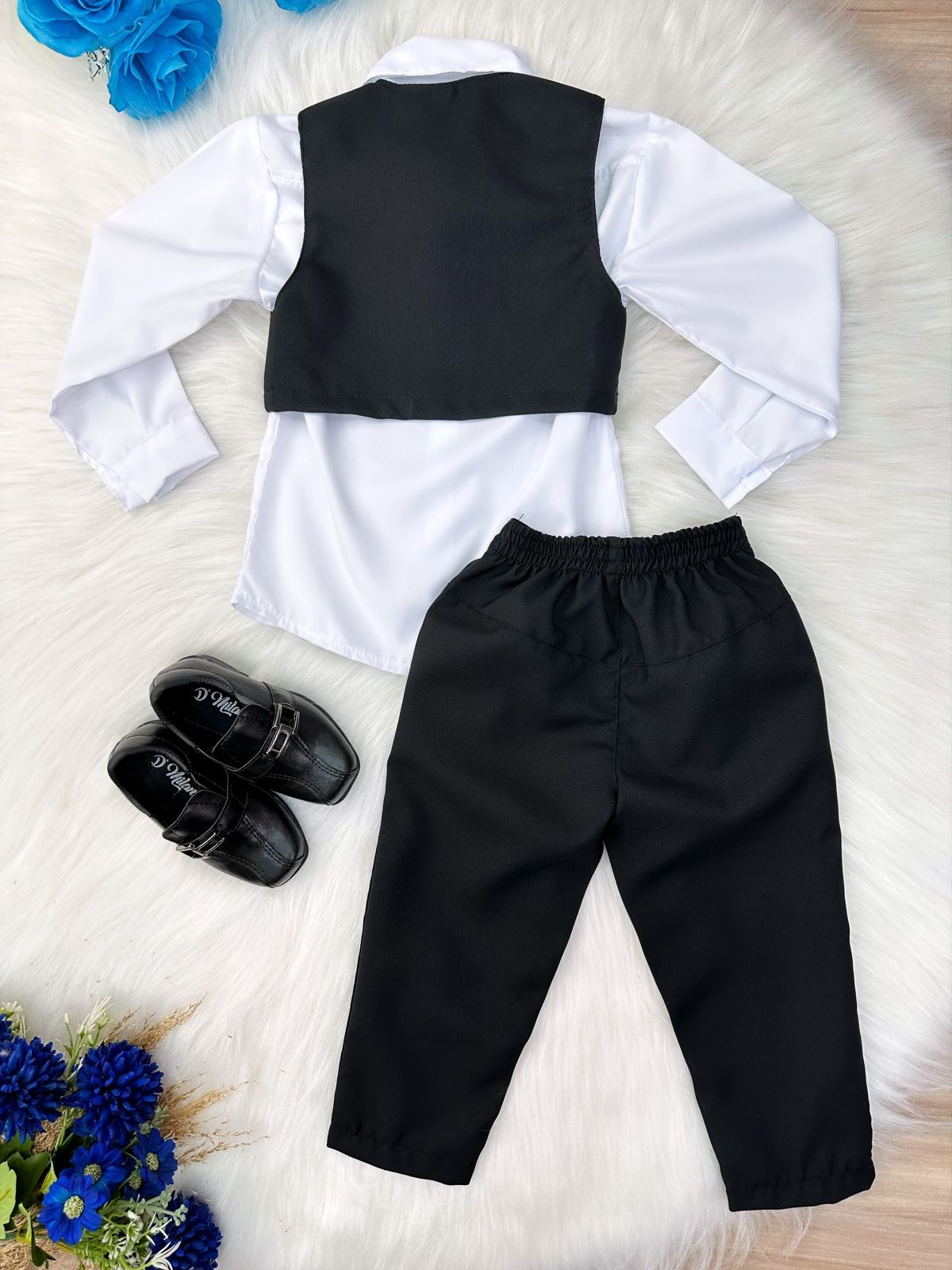 Conjunto Social Infantil Menino Camisa Branca Colete Calça e Gravata Preto em Oxford