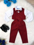Conjunto Social Infantil Menino Camisa Oxford Branca com Colete e Calça Marsala