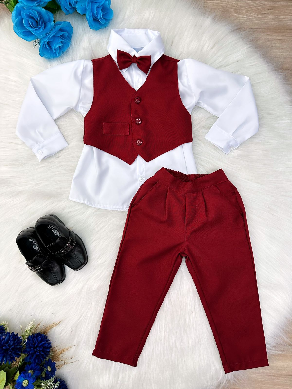 Conjunto Social Infantil Menino Camisa Oxford Branca com Colete e Calça Marsala
