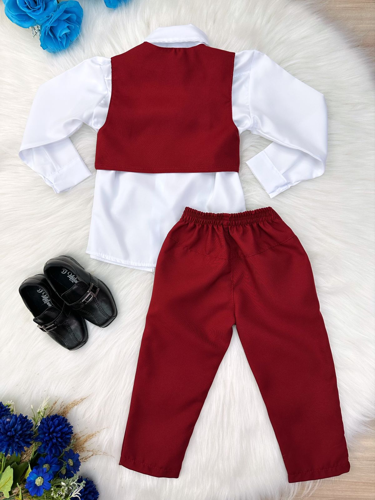 Conjunto Social Infantil Menino Camisa Oxford Branca com Colete e Calça Marsala
