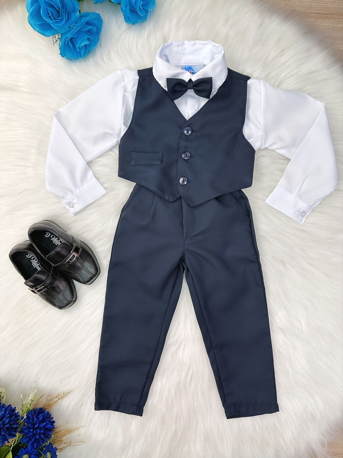 Conjunto Social Infantil Menino Camisa Branca Colete Calça Gravata Azul Marinho em Oxford