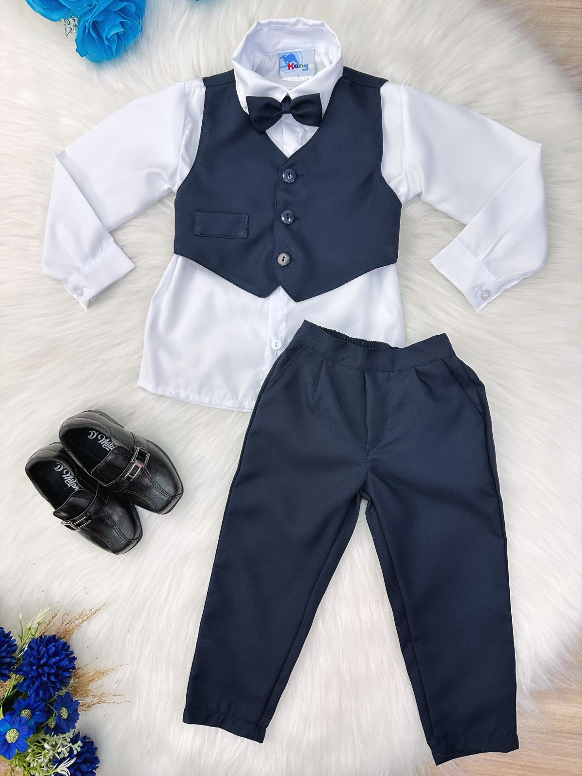 Conjunto Social Infantil Menino Camisa Branca Colete Calça Gravata Azul Marinho em Oxford