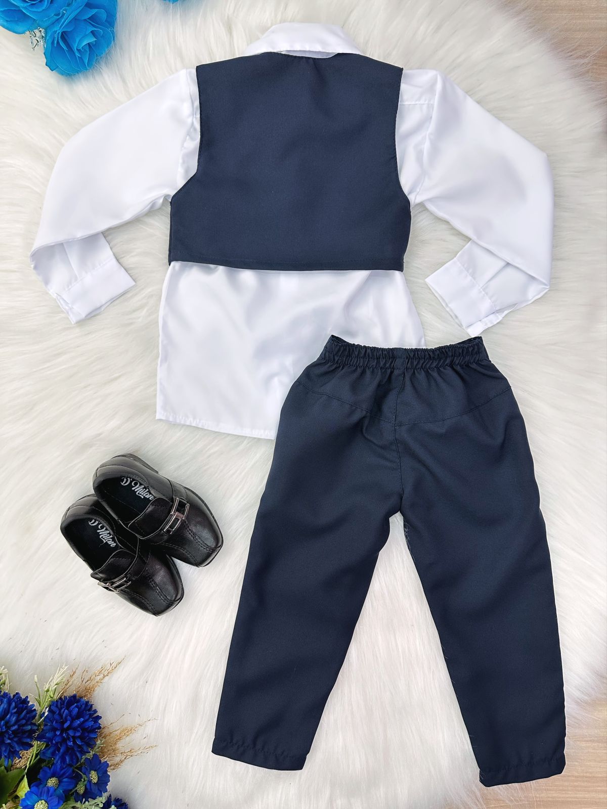 Conjunto Social Infantil Menino Camisa Branca Colete Calça Gravata Azul Marinho em Oxford