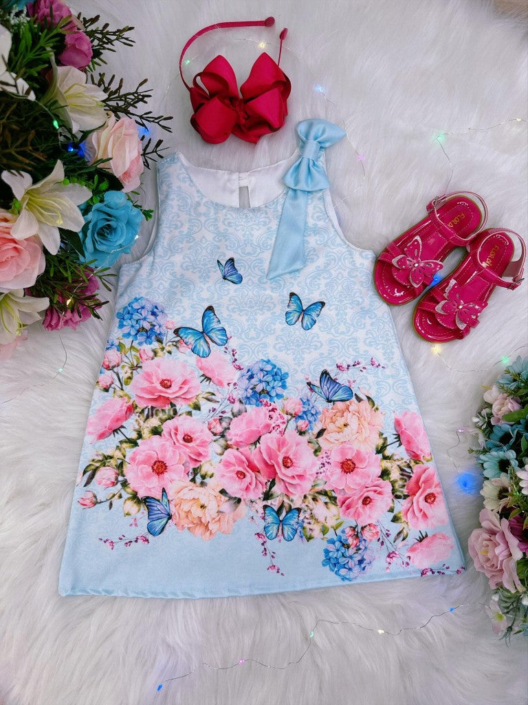Vestido Infantil Trapézio Azul com Estampa de Borboletas Luxo