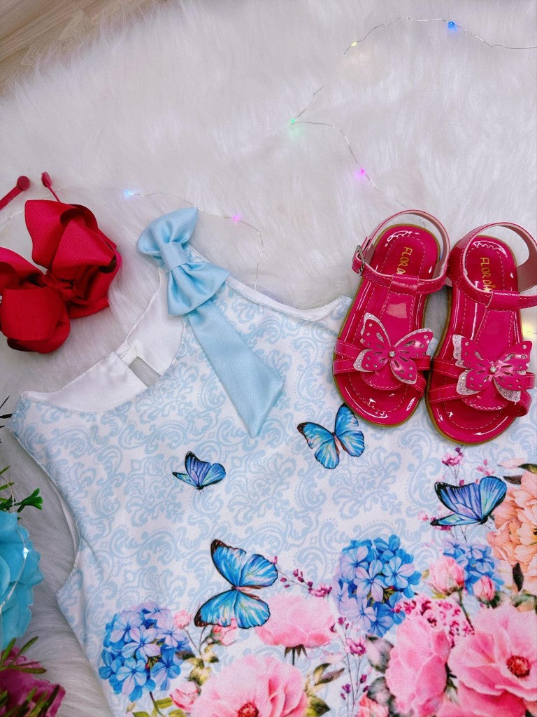 Vestido Infantil Trapézio Azul com Estampa de Borboletas Luxo