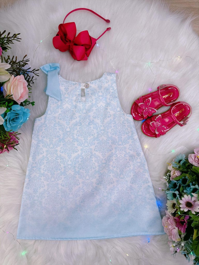 Vestido Infantil Trapézio Azul com Estampa de Borboletas Luxo