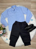Conjunto Social Azul em Algodão com Camisa e Calça Preta