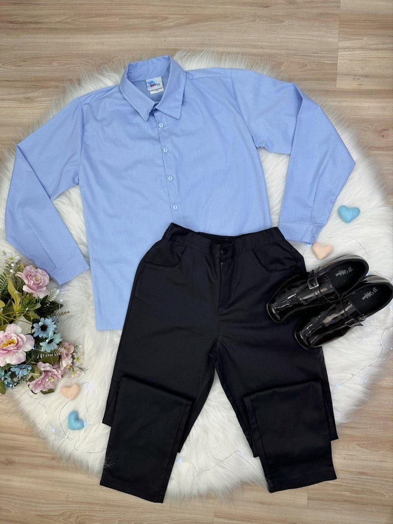 Conjunto Social Azul em Algodão com Camisa e Calça Preta