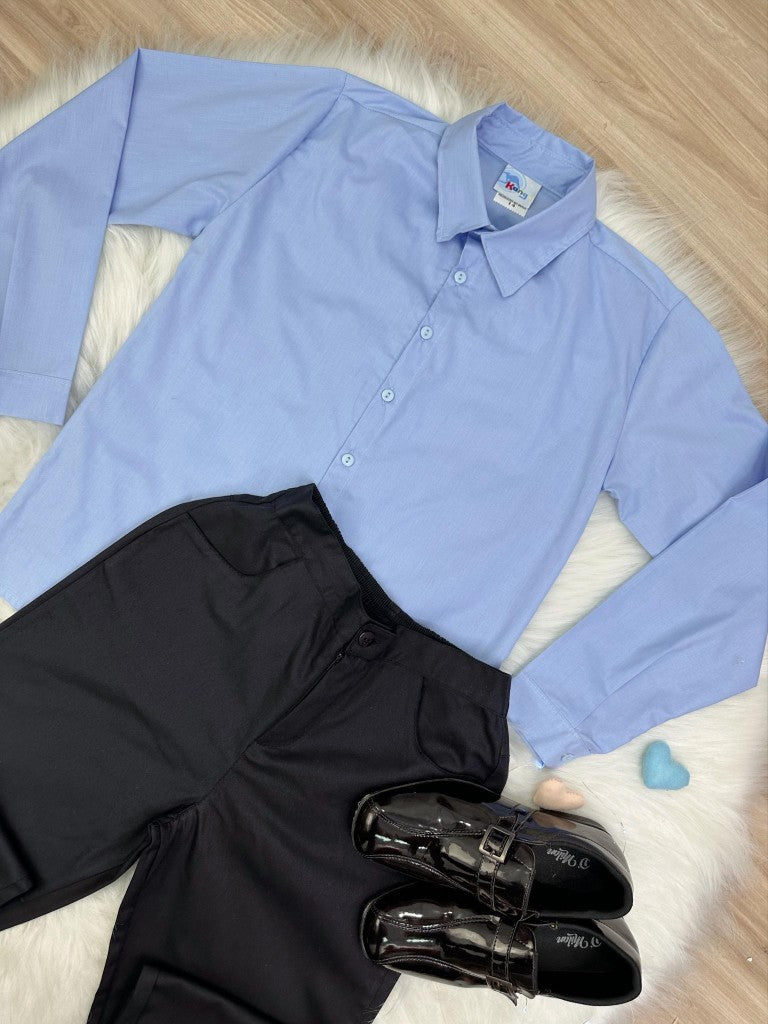 Conjunto Social Azul em Algodão com Camisa e Calça Preta