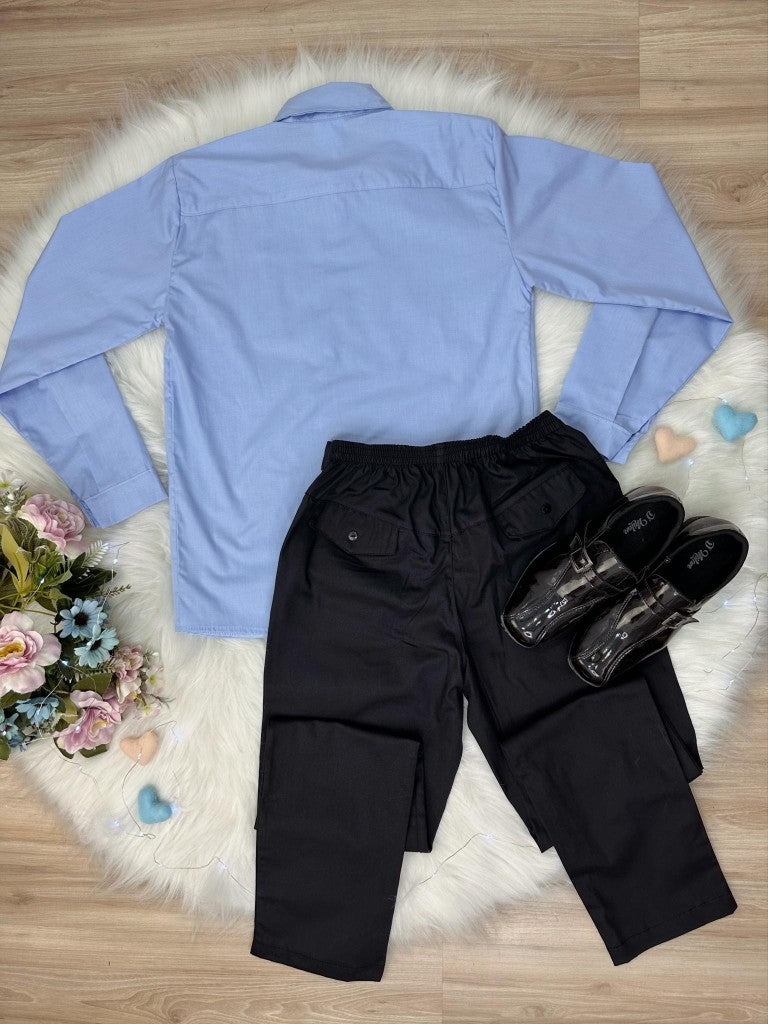 Conjunto Social Azul em Algodão com Camisa e Calça Preta