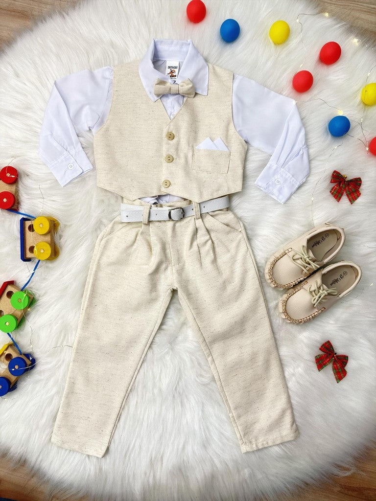 Conjunto Social Infantil Menino Camisa Branca Colete Calça Gravata Marfim