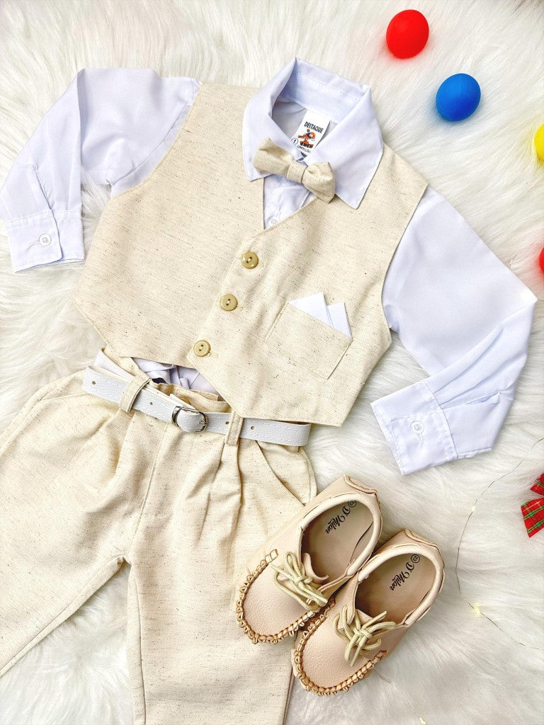 Conjunto Social Infantil Menino Camisa Branca Colete Calça Gravata Marfim