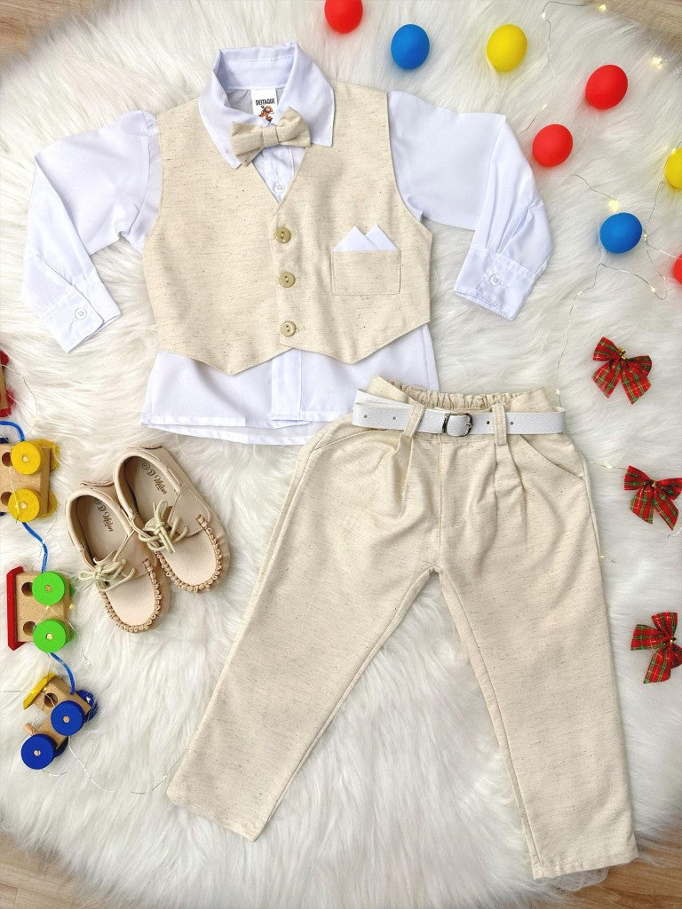 Conjunto Social Infantil Menino Camisa Branca Colete Calça Gravata Marfim