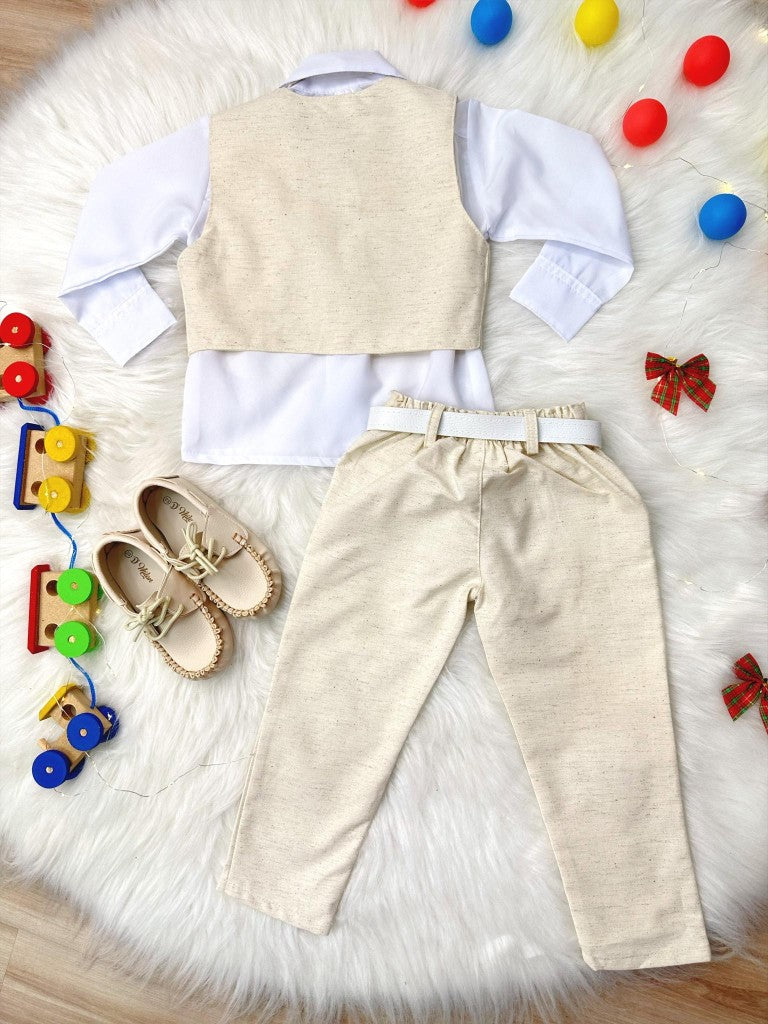 Conjunto Social Infantil Menino Camisa Branca Colete Calça Gravata Marfim