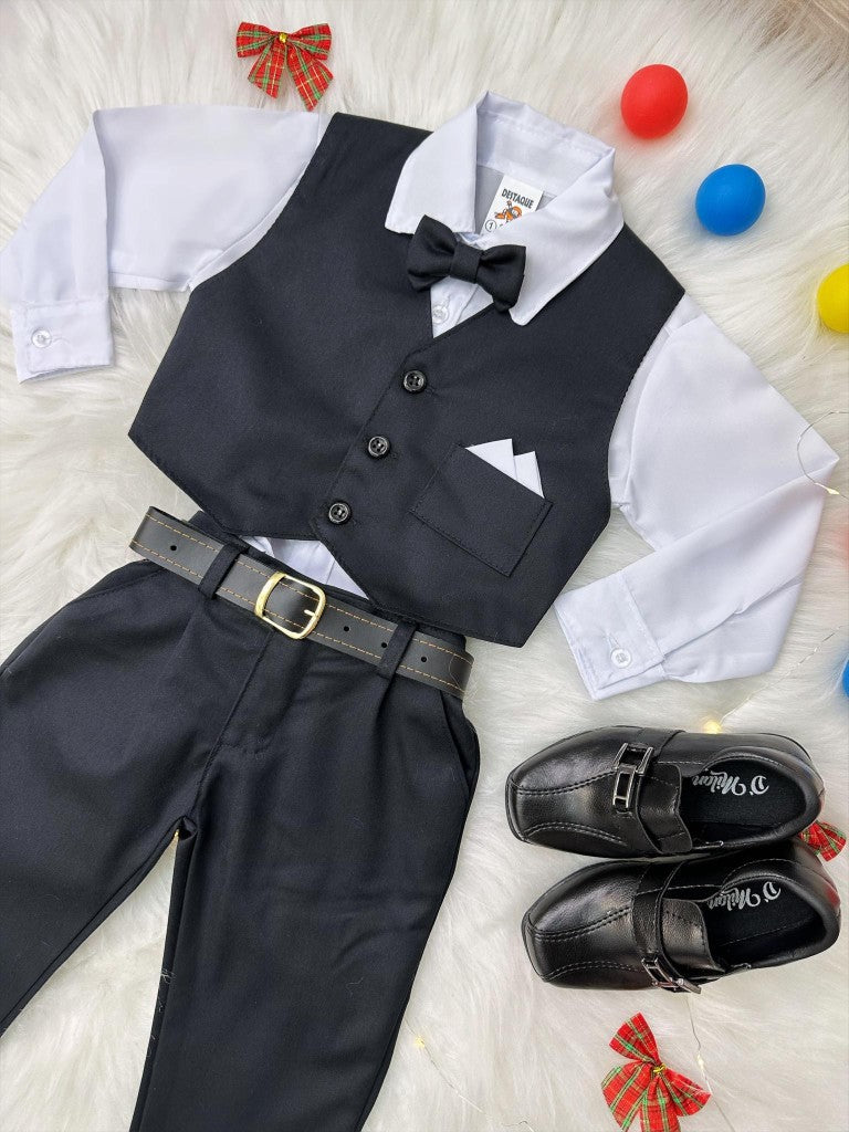 Conjunto Social Infantil Menino Camisa Branca Calça e Colete Algodão Preto