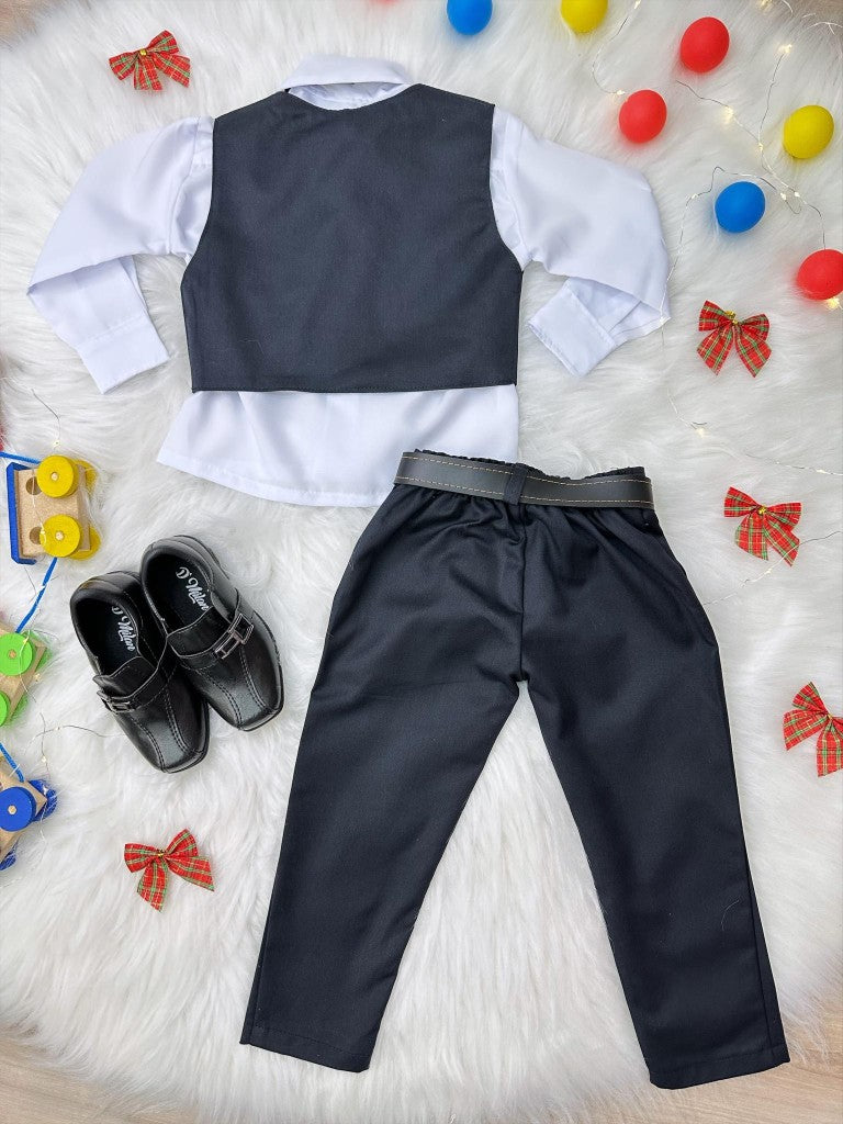 Conjunto Social Infantil Menino Camisa Branca Calça e Colete Algodão Preto