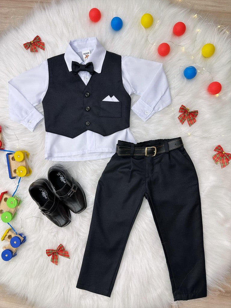Conjunto Social Infantil Menino Camisa Branca Calça e Colete Algodão Preto