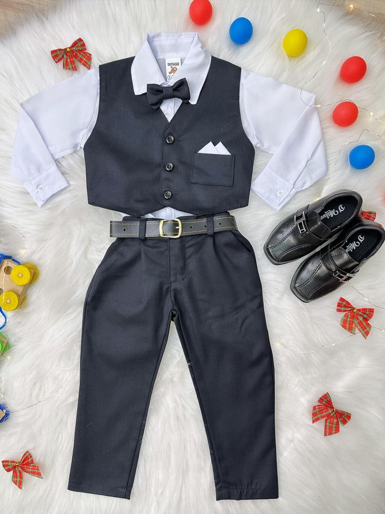 Conjunto Social Infantil Menino Camisa Branca Calça e Colete Algodão Preto