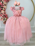 Vestido Infantil Luxo Rose com Aplique de Flores e Renda