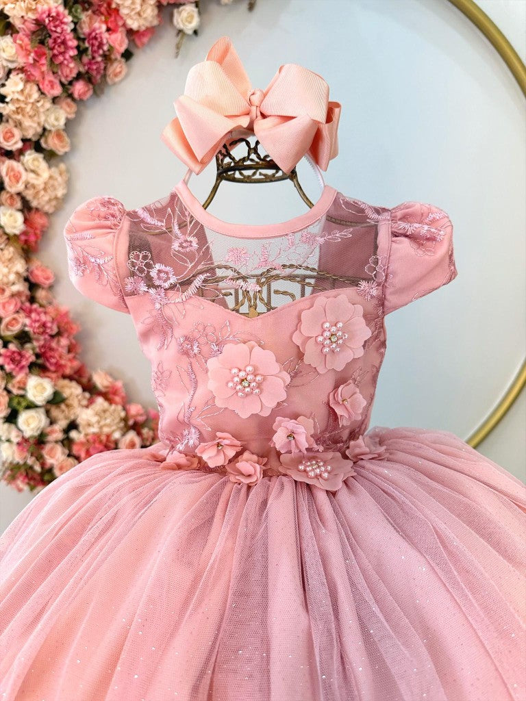 Vestido Infantil Luxo Rose com Aplique de Flores e Renda