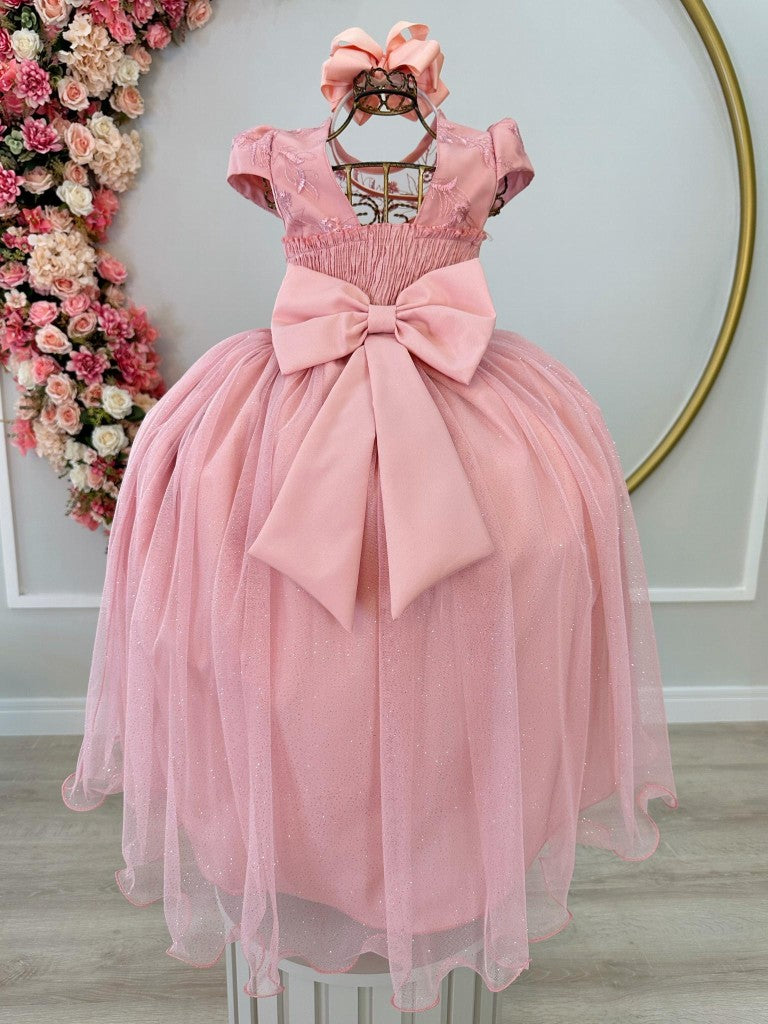 Vestido Infantil Luxo Rose com Aplique de Flores e Renda