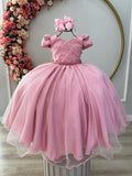 Vestido Infantil Rose com Busto Nervura e Cinto de Pérolas