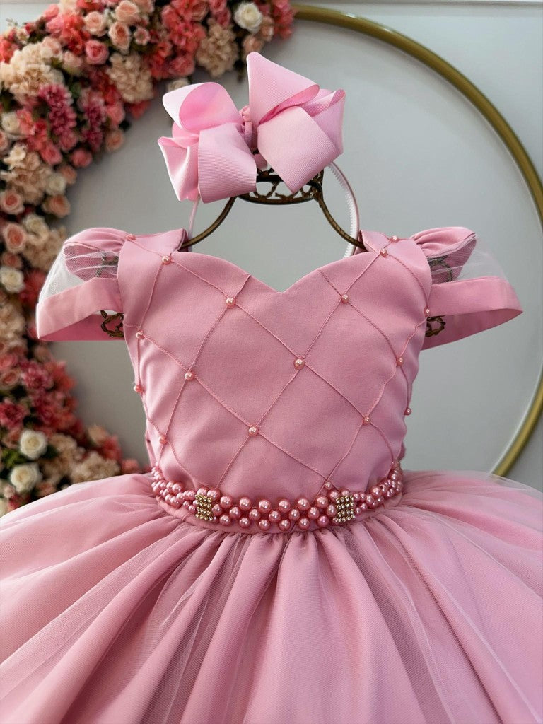 Vestido Infantil Rose com Busto Nervura e Cinto de Pérolas