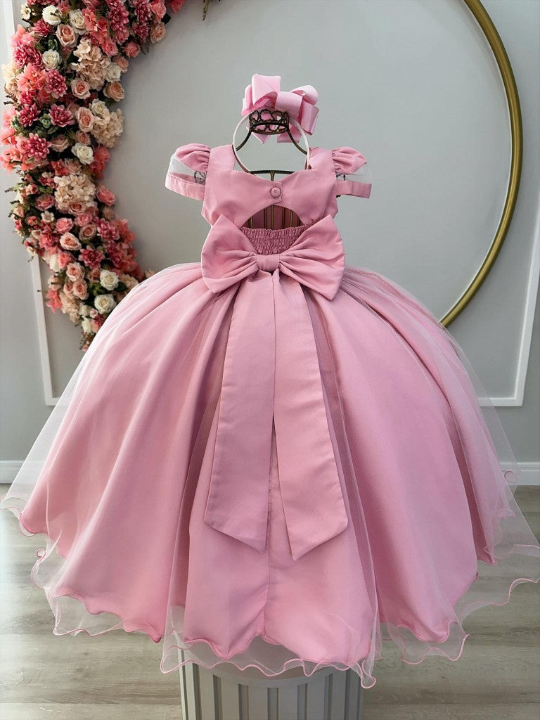 Vestido Infantil Rose com Busto Nervura e Cinto de Pérolas