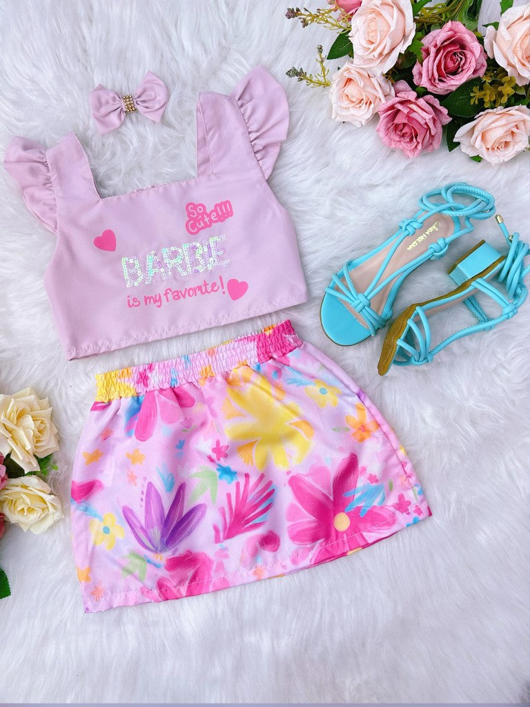 Vestido Infantil Rosa com Saia Colorida e Laço Casual