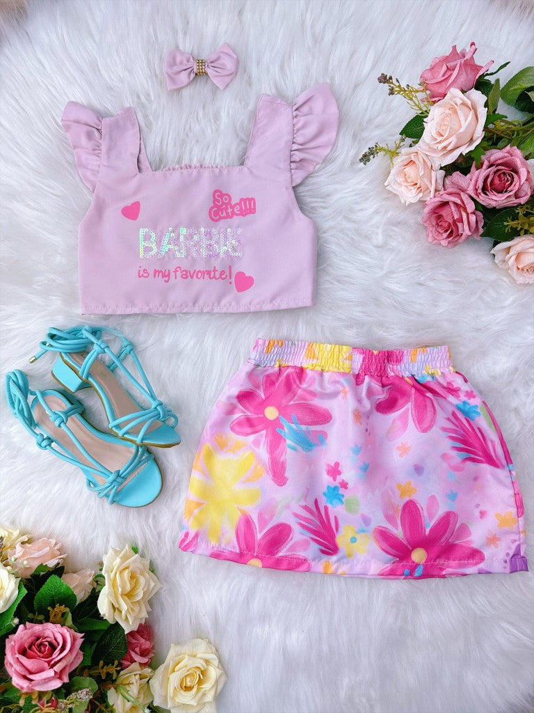 Vestido Infantil Rosa com Saia Colorida e Laço Casual