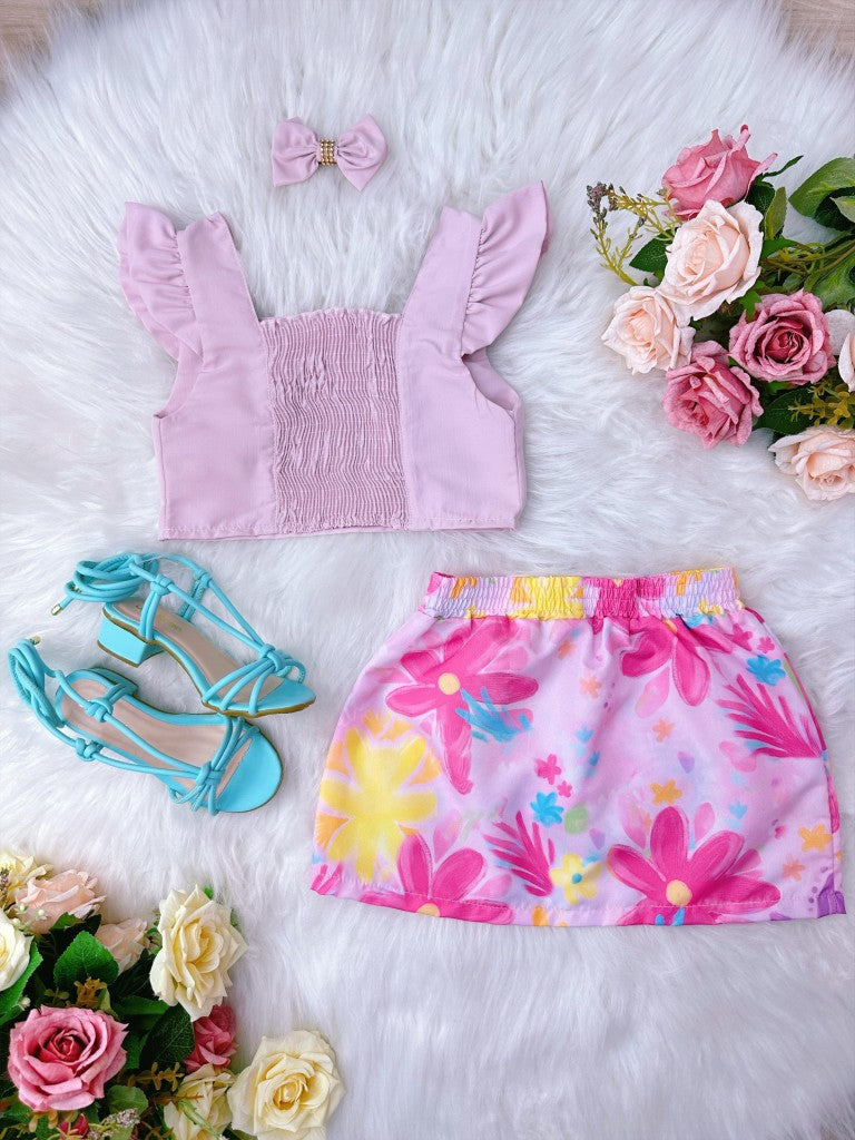 Vestido Infantil Rosa com Saia Colorida e Laço Casual