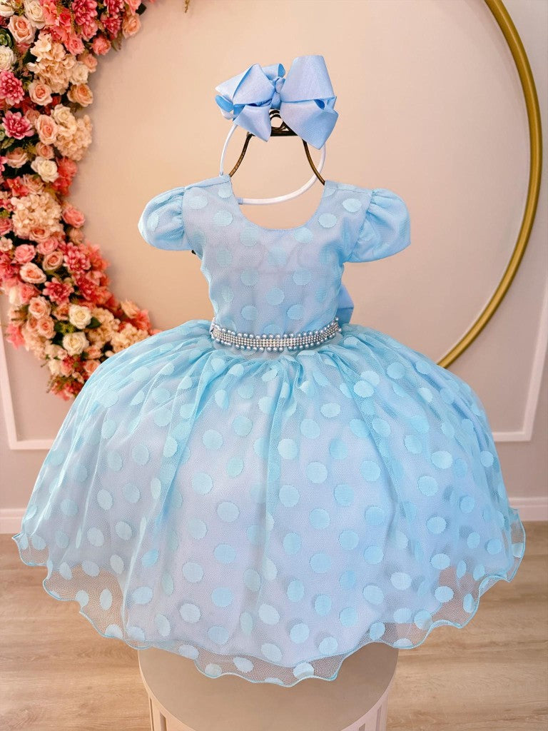 Vestido Infantil Azul Poá com Cinto de Strass e Detalhes em Pérolas