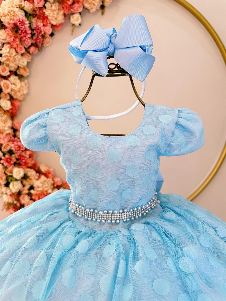 Vestido Infantil Azul Poá com Cinto de Strass e Detalhes em Pérolas