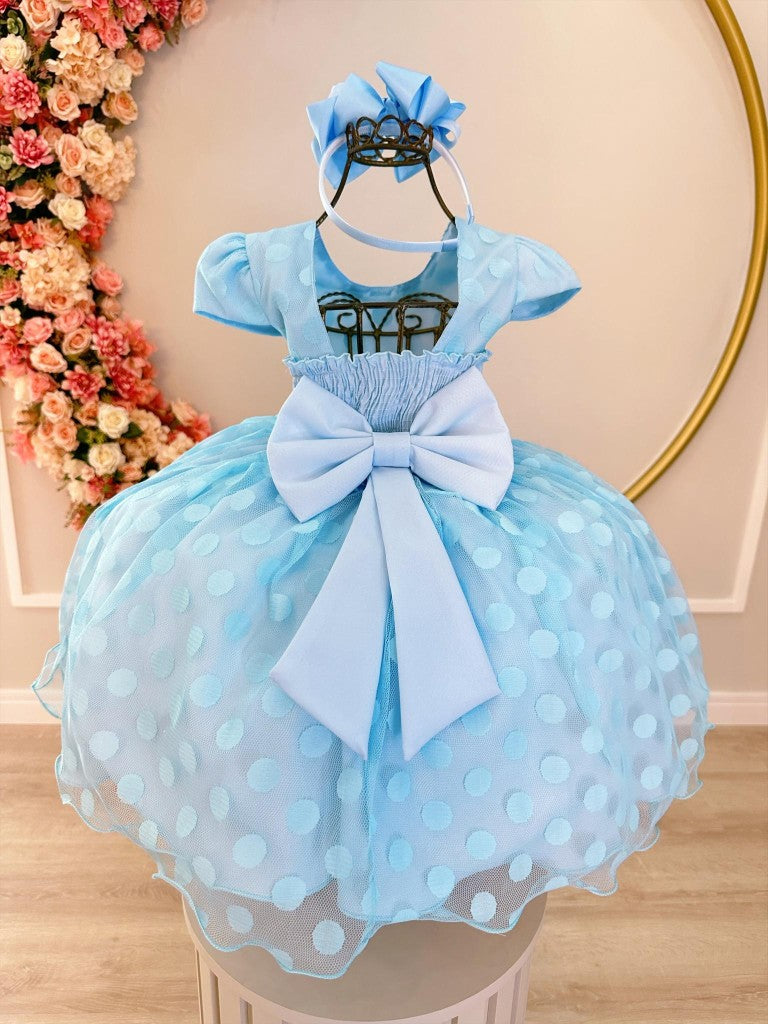Vestido Infantil Azul Poá com Cinto de Strass e Detalhes em Pérolas