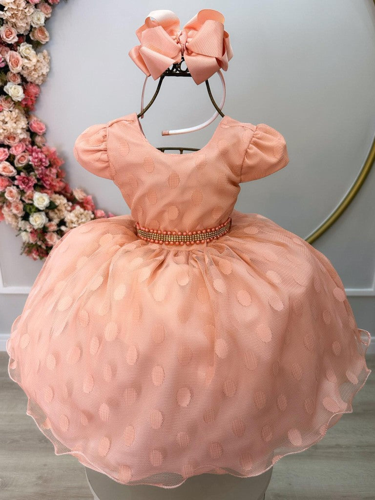 Vestido Infantil Pêssego Com Poá e Cinto de Strass e Pérolas