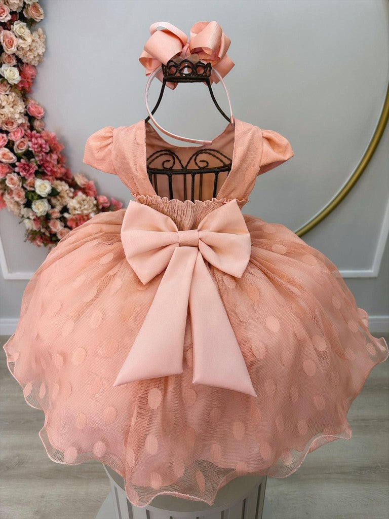 Vestido Infantil Pêssego Com Poá e Cinto de Strass e Pérolas
