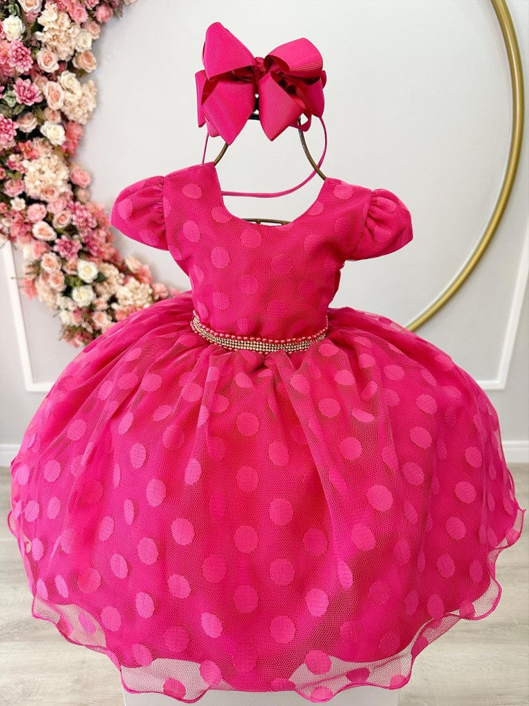 Vestido Infantil Pink Com Poá e Cinto de Pérolas e Strass