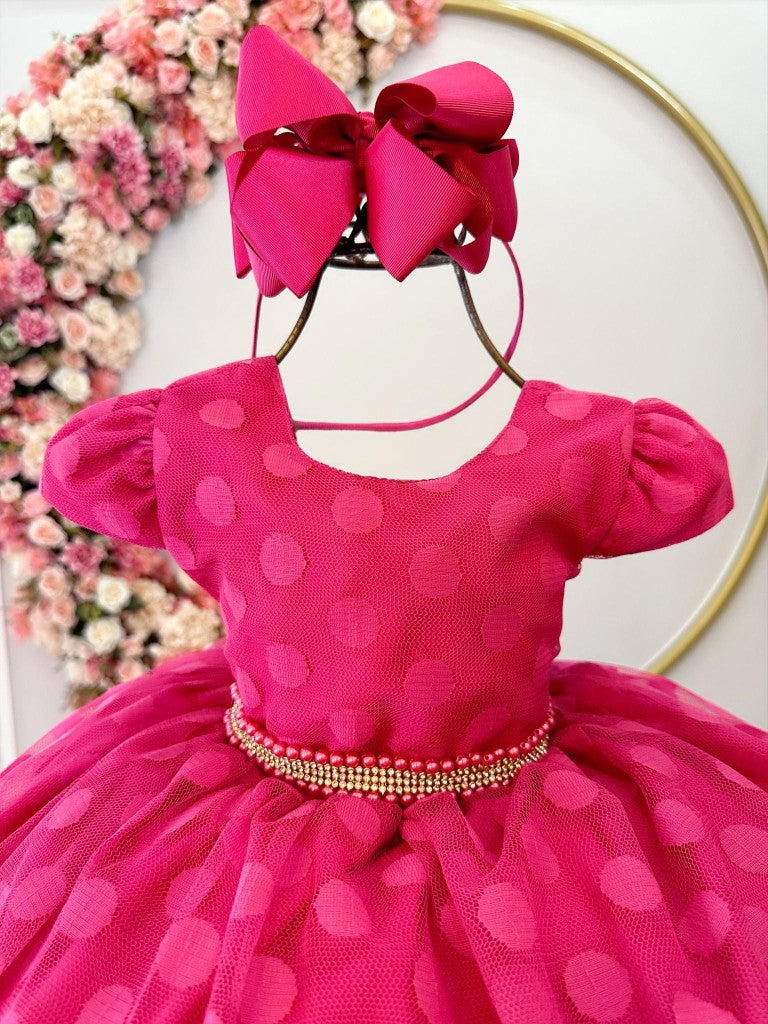 Vestido Infantil Pink Com Poá e Cinto de Pérolas e Strass